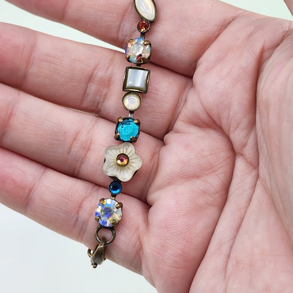 Sorrelli Multicolor Crystal Floral Bracelet Antiqued Gold Tone Statement Jewelry